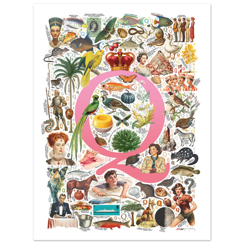 "Q is for Quest" — a Renard Roux alphabet poster with English Q words (pink version)