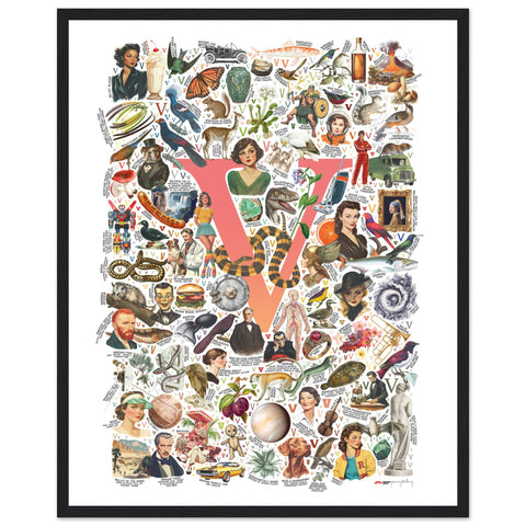 "V is for Voyage" — a Renard Roux alphabet poster with English V words (red version)