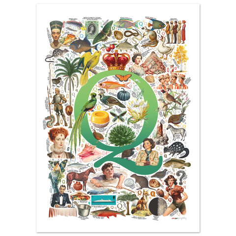 "Q is for Quest" — a Renard Roux alphabet poster with English Q words (green version)