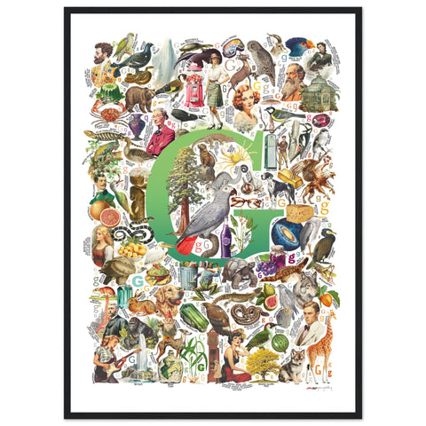 "G is for Great" — a Renard Roux alphabet poster with English G words (green version)