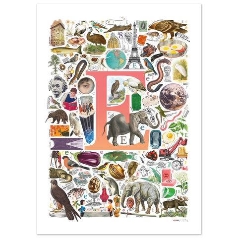 "E is for Explore" — a Renard Roux alphabet poster with English E words (red version)