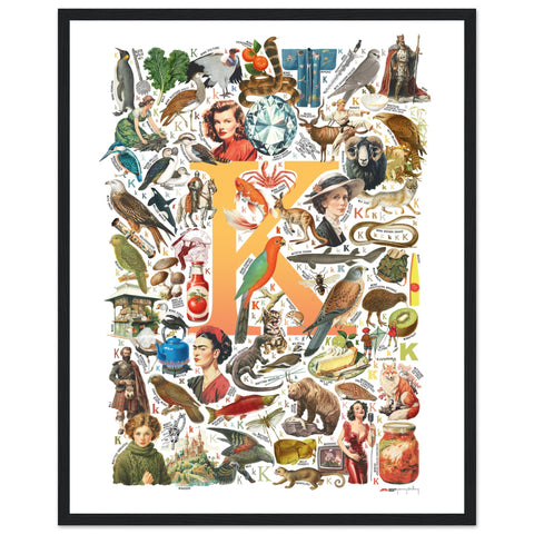 "K is for Keen" — a Renard Roux alphabet poster with English K words (yellow version)