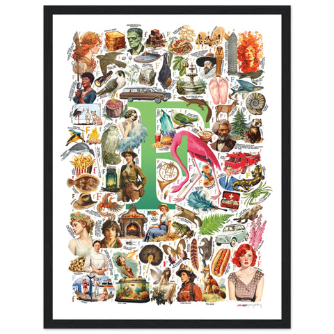 "F is for Festive" — a Renard Roux alphabet poster with English F words (green version)