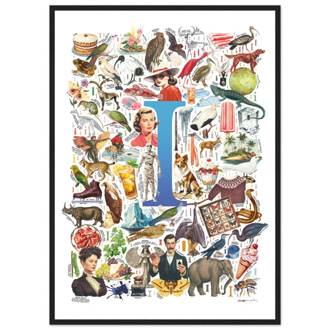 "I is for Imagination" — a Renard Roux alphabet poster with English I words (blue version)