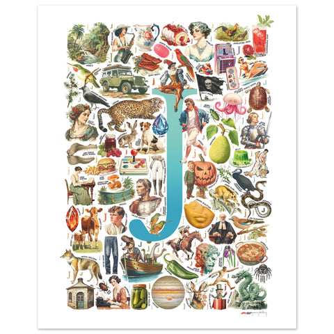 "J is for Journey" — a Renard Roux alphabet poster with English J words (turquoise version)