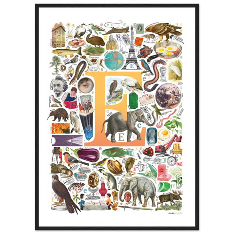 "E is for Explore" — a Renard Roux alphabet poster with English E words (yellow version)