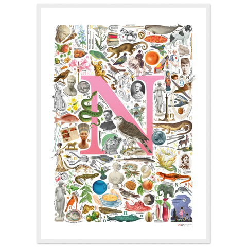 "N is for Nature" — a Renard Roux alphabet poster with English N words (pink version)
