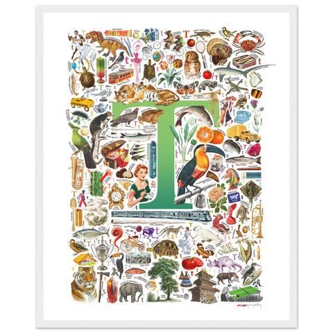 "T is for Treasure" — a Renard Roux alphabet poster with English T words (green version)