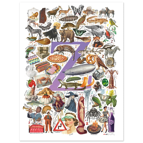 "Z is for Zenith" — a Renard Roux alphabet poster with English Z words (purple version)