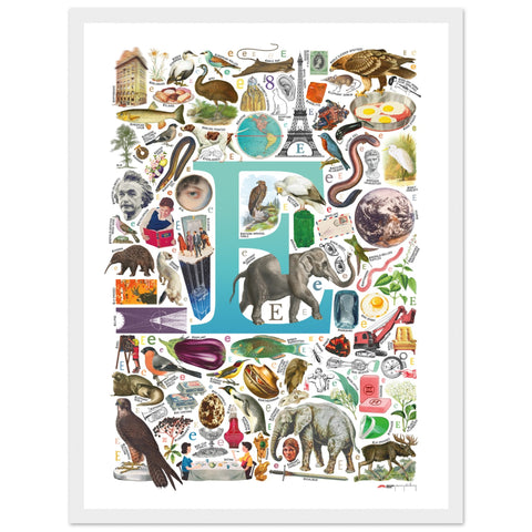 "E is for Explore" — a Renard Roux alphabet poster with English E words (turquoise version)