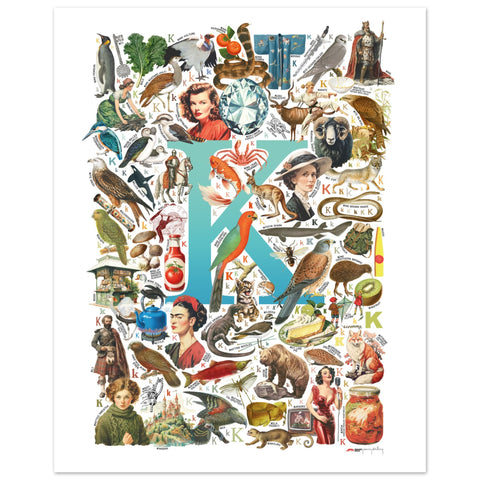 "K is for Keen" — a Renard Roux alphabet poster with English K words (turquoise version)