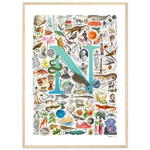 "N is for Nature" — a Renard Roux alphabet poster with English N words (turquoise version)