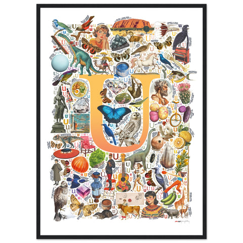 "U is for Unique" — a Renard Roux alphabet poster with English U words (yellow version)