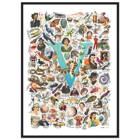 "V is for Voyage" — a Renard Roux alphabet poster with English V words (turquoise version)