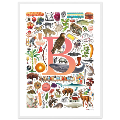 "B is for Brave" — a Renard Roux alphabet poster with English B words (red version)