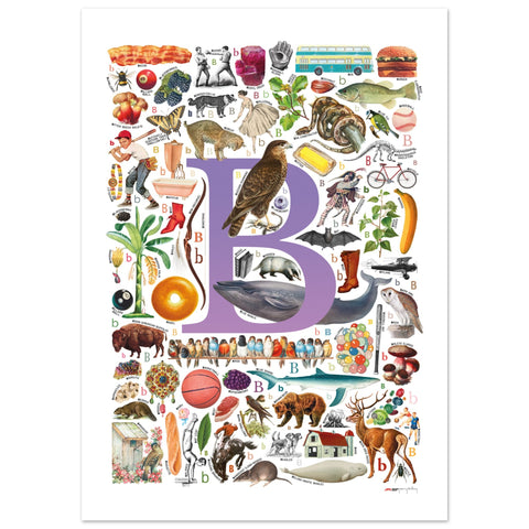 "B is for Brave" — a Renard Roux alphabet poster with English B words (purple version)