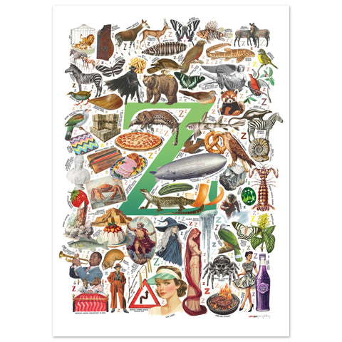 "Z is for Zenith" — a Renard Roux alphabet poster with English Z words (green version)