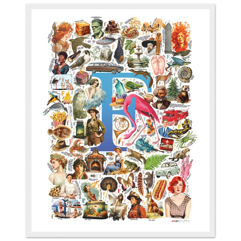 "F is for Festive" — a Renard Roux alphabet poster with English F words (blue version)