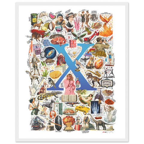 "X is for Xanadu" — a Renard Roux alphabet poster with English X words (blue version)