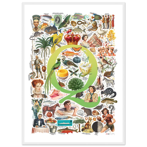 "Q is for Quest" — a Renard Roux alphabet poster with English Q words (chartreuse version)