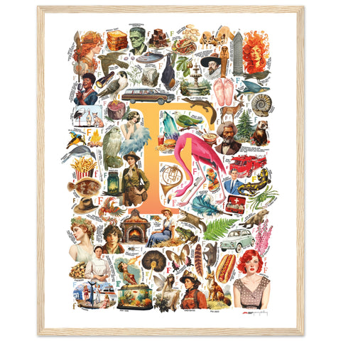 "F is for Festive" — a Renard Roux alphabet poster with English F words (yellow version)