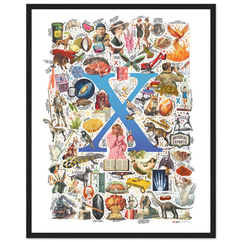"X is for Xanadu" — a Renard Roux alphabet poster with English X words (blue version)