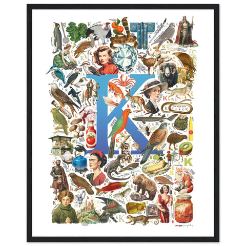 "K is for Keen" — a Renard Roux alphabet poster with English K words (blue version)