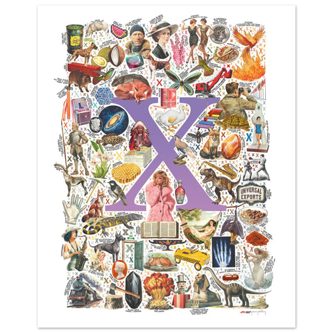 "X is for Xanadu" — a Renard Roux alphabet poster with English X words (purple version)