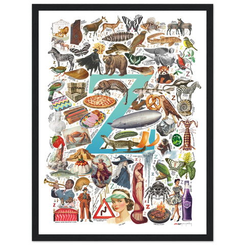 "Z is for Zenith" — a Renard Roux alphabet poster with English Z words (turquoise version)