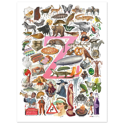 "Z is for Zenith" — a Renard Roux alphabet poster with English Z words (pink version)
