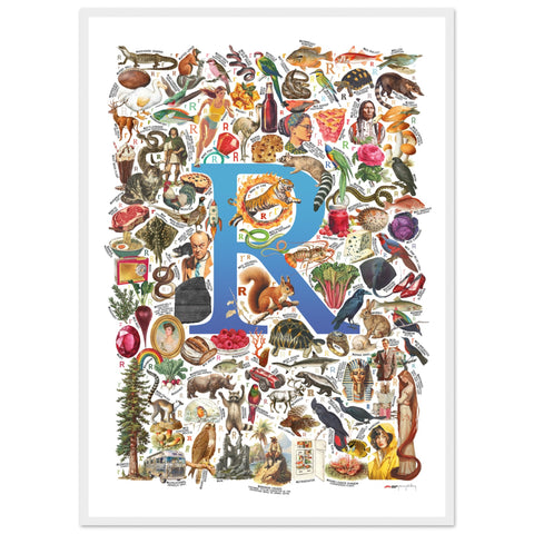 "R is for Remarkable" — a Renard Roux alphabet poster with English R words (blue version)