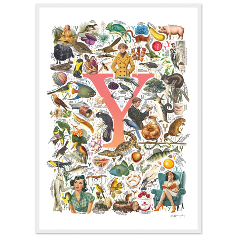 "Y is for Yonder" — a Renard Roux alphabet poster with English Y words (red version)