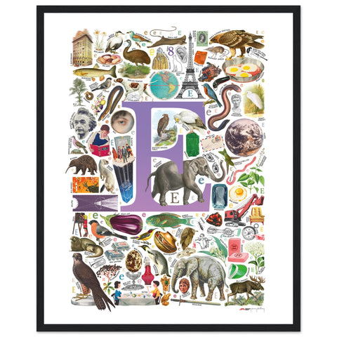 "E is for Explore" — a Renard Roux alphabet poster with English E words (purple version)