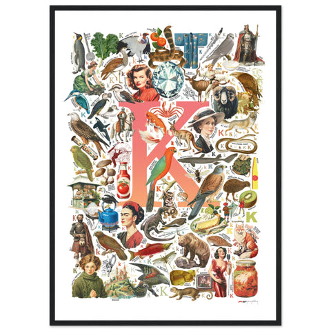 "K is for Keen" — a Renard Roux alphabet poster with English K words (red version)