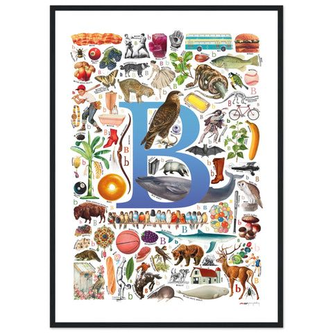 "B is for Brave" — a Renard Roux alphabet poster with English B words (blue version)