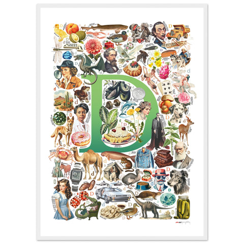 "D is for Discovery" — a Renard Roux alphabet poster with English D words (green version)
