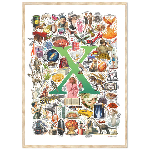 "X is for Xanadu" — a Renard Roux alphabet poster with English X words (green version)