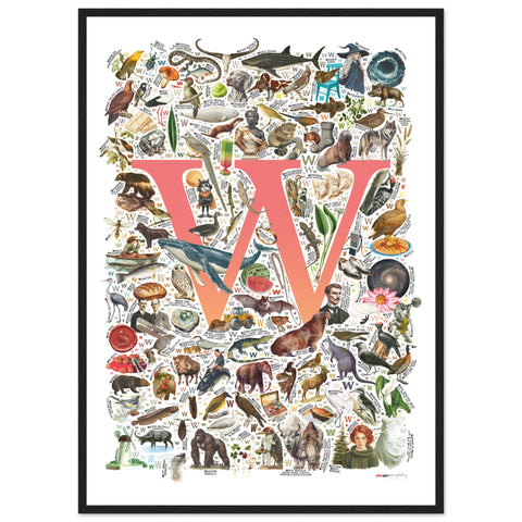 "W is for Wonder" — a Renard Roux alphabet poster with English W words (red version)