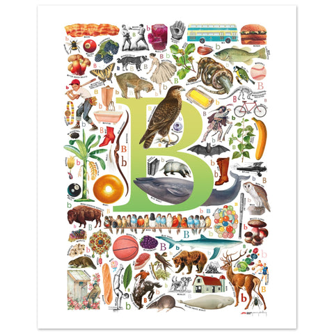 "B is for Brave" — a Renard Roux alphabet poster with English B words (chartreuse version)
