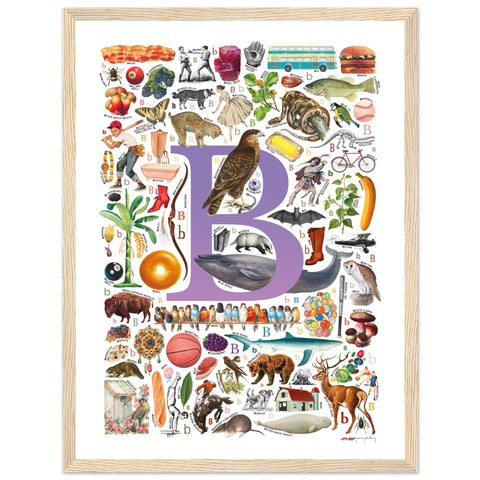 "B is for Brave" — a Renard Roux alphabet poster with English B words (purple version)