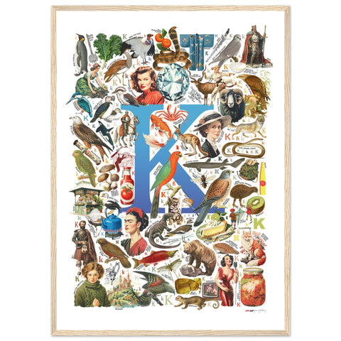 "K is for Keen" — a Renard Roux alphabet poster with English K words (blue version)