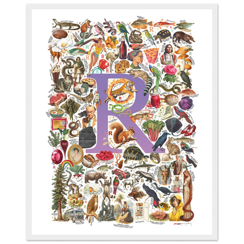 "R is for Remarkable" — a Renard Roux alphabet poster with English R words (purple version)