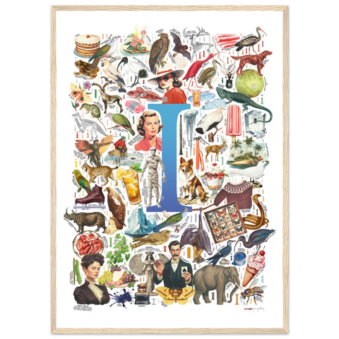 "I is for Imagination" — a Renard Roux alphabet poster with English I words (blue version)