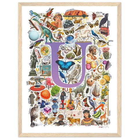 "U is for Unique" — a Renard Roux alphabet poster with English U words (purple version)