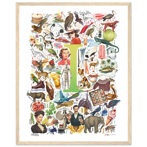 "I is for Imagination" — a Renard Roux alphabet poster with English I words (chartreuse version)