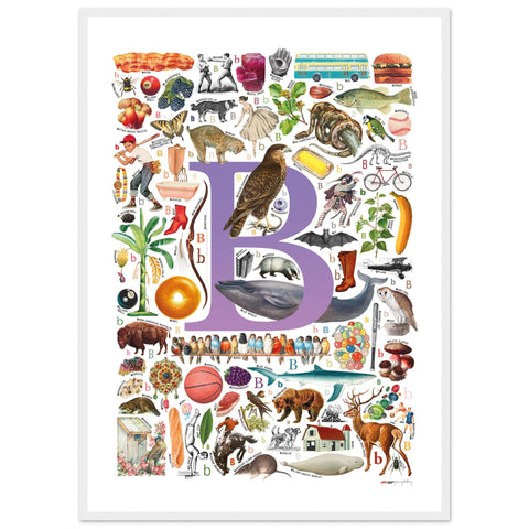 "B is for Brave" — a Renard Roux alphabet poster with English B words (purple version)