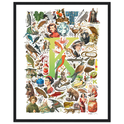 "K is for Keen" — a Renard Roux alphabet poster with English K words (chartreuse version)