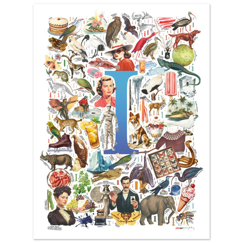 "I is for Imagination" — a Renard Roux alphabet poster with English I words (blue version)