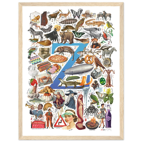 "Z is for Zenith" — a Renard Roux alphabet poster with English Z words (blue version)