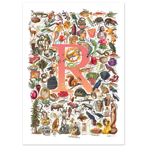 "R is for Remarkable" — a Renard Roux alphabet poster with English R words (red version)